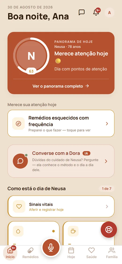 Tela inicial real do aplicativo Idoso em Casa: panorama do dia da idosa, alerta de remédios esquecidos com frequência e conversa com a Dora