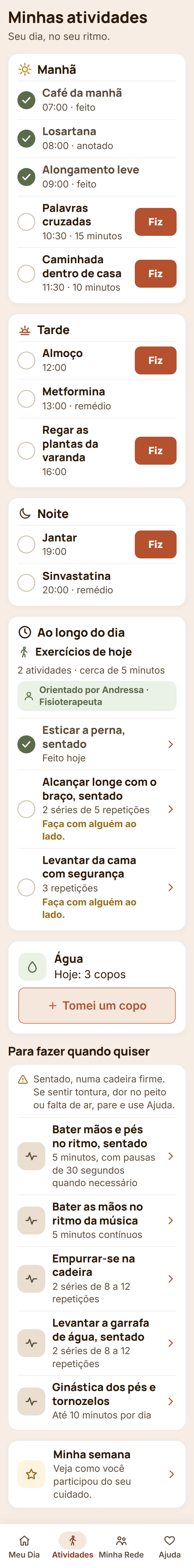 Tela Minhas atividades do aplicativo do idoso: a rotina do dia e os exercícios de hoje orientados pela Andressa, fisioterapeuta