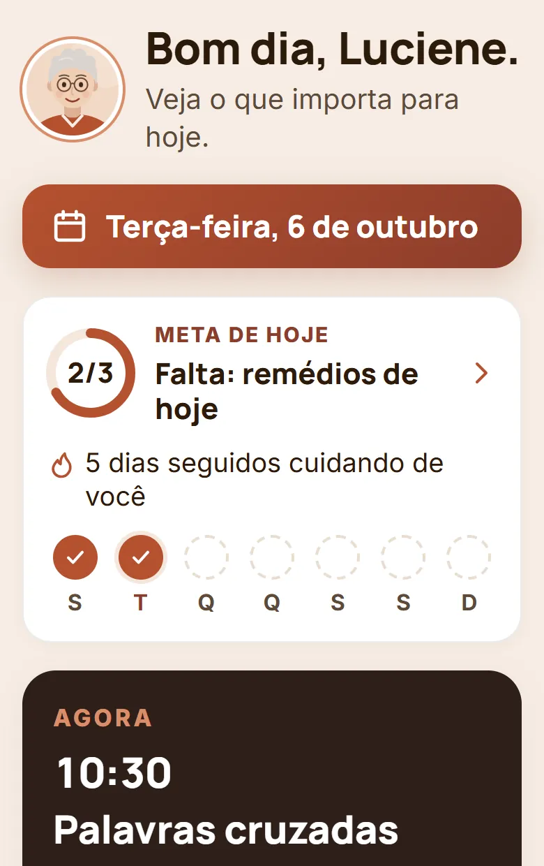 Tela Meu Dia do aplicativo do idoso, com a meta de hoje e a próxima atividade
